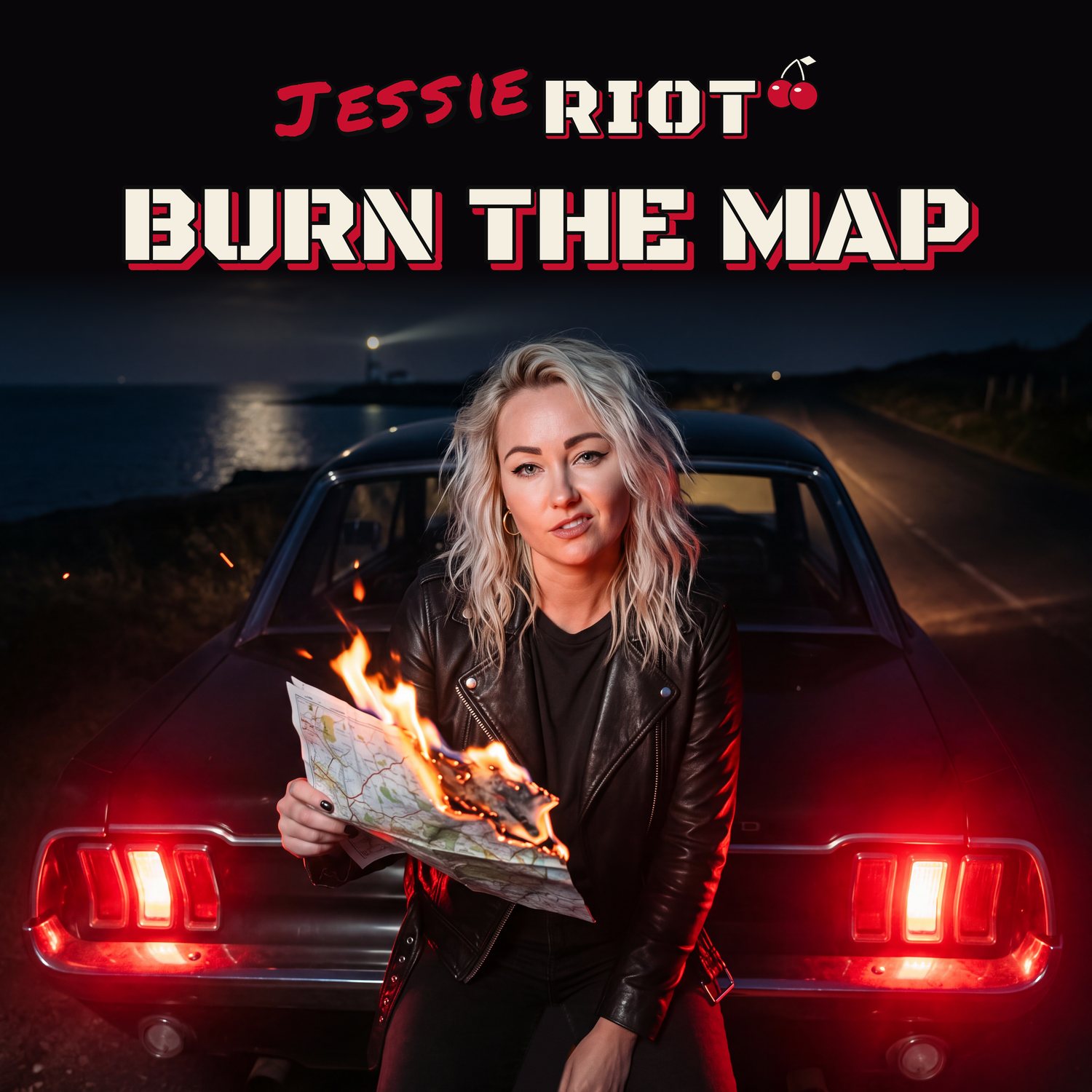 Cover art for Burn the Map by Jessie Riot: she leans against the back of a car at night on a coastal road, holding a burning road map, red tail lights glowing.