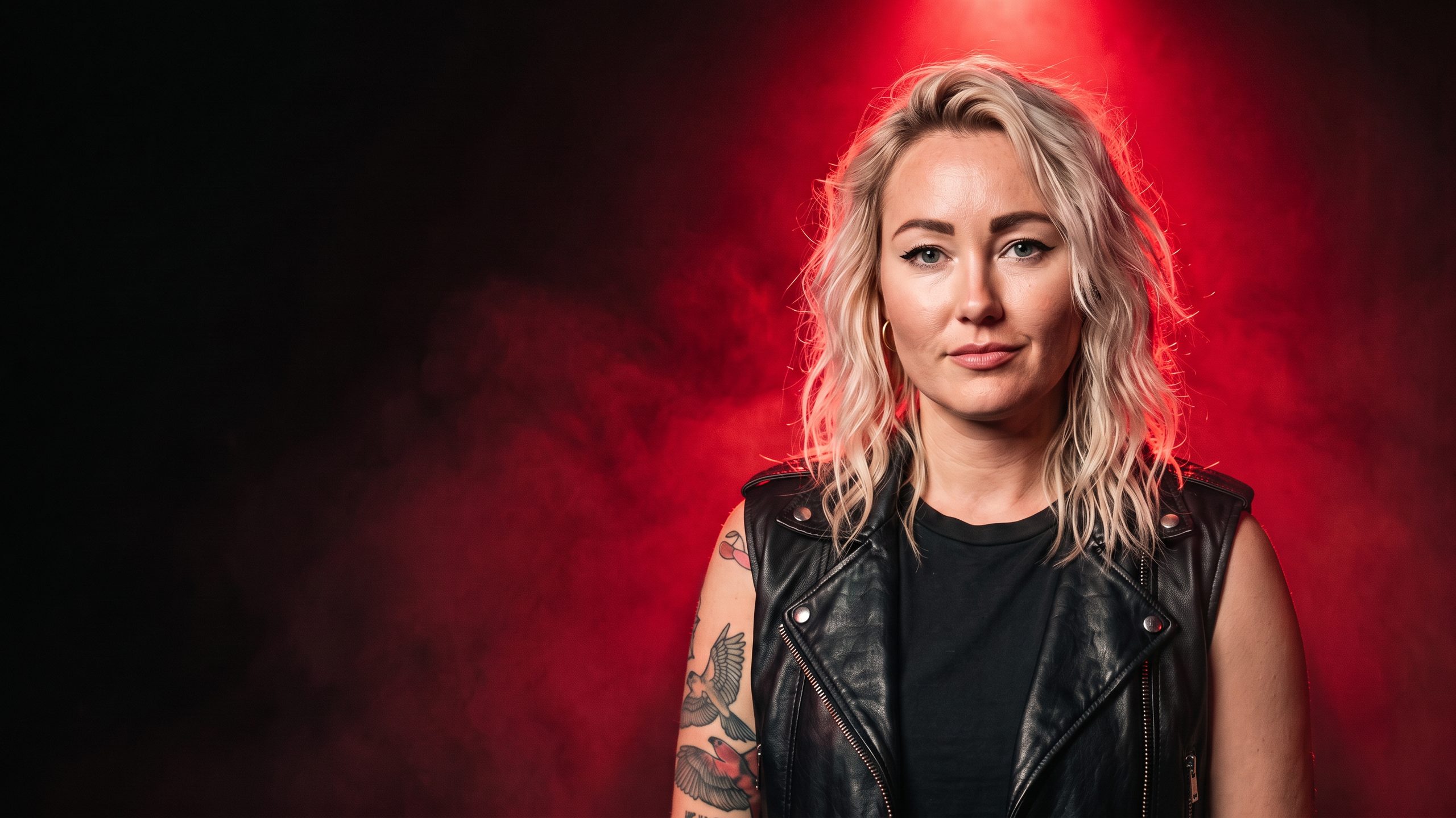 Jessie Riot, a blonde pop-punk singer in a black leather vest, standing in red stage haze and looking straight at the camera.