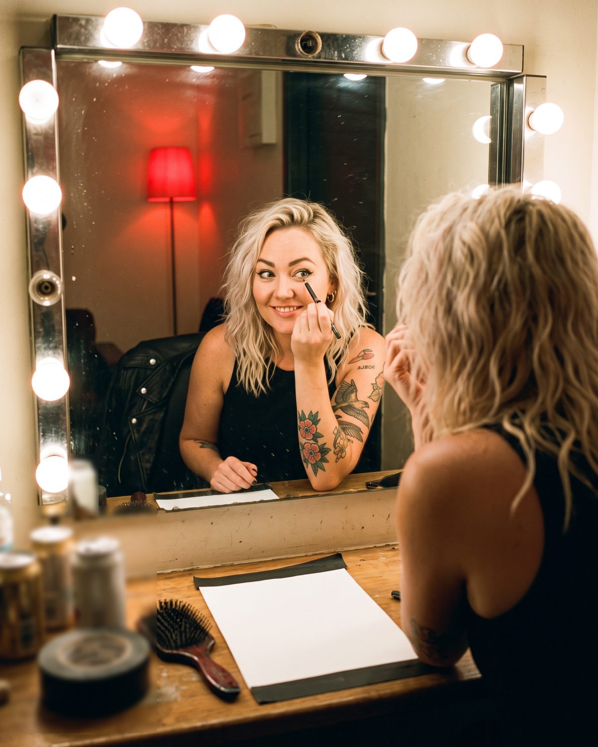 Jessie Riot in a backstage dressing room doing her eyeliner in a mirror ringed with light bulbs, grinning at the camera through the reflection.