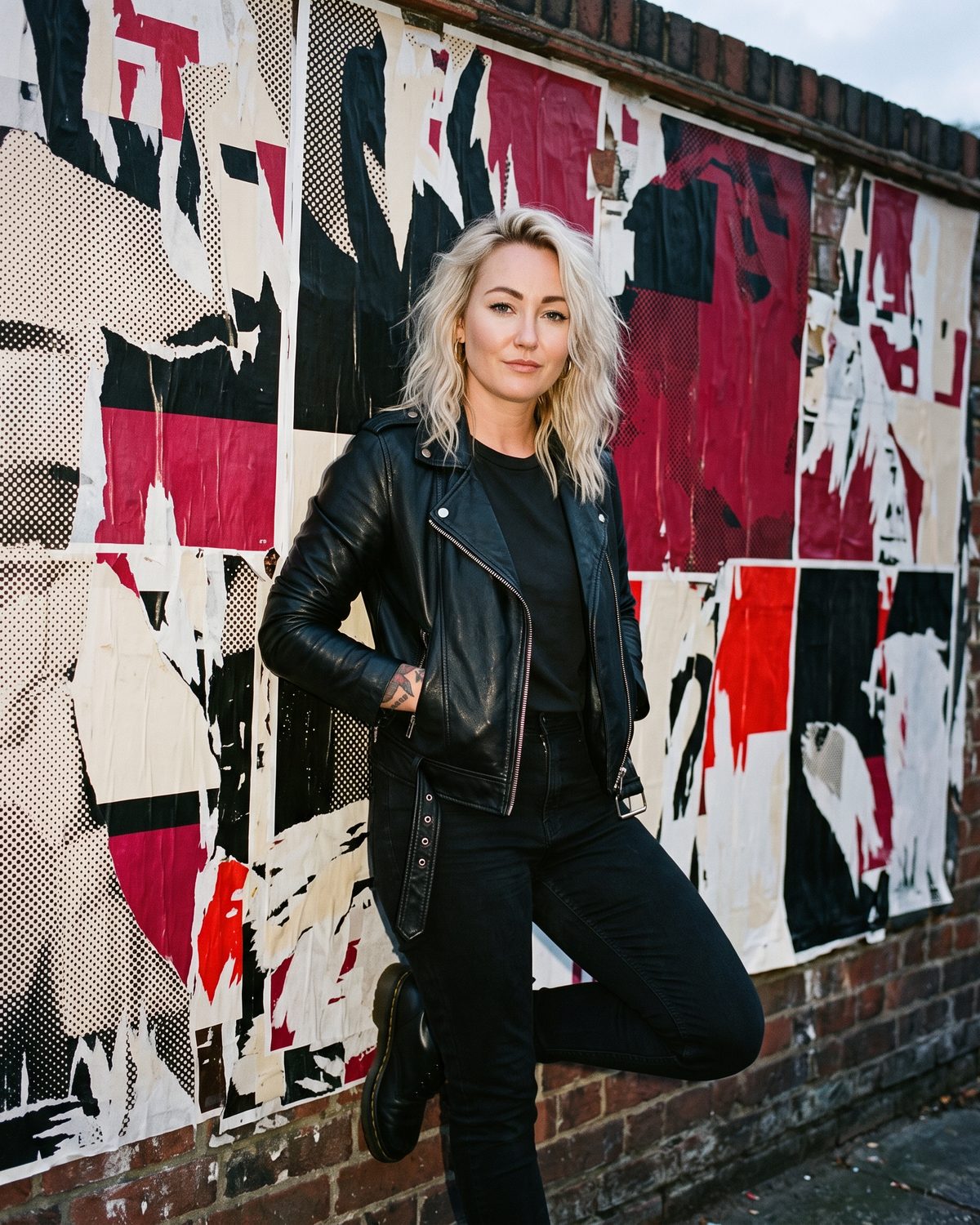 Jessie Riot leaning against a brick wall covered in torn red, black and cream posters, one boot up, hands in her jacket pockets.