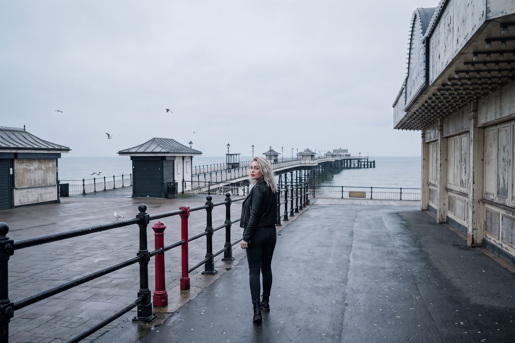 A grey, empty seaside promenade and pier out of season. Jessie Riot walks away along the railings, looking back over her shoulder.