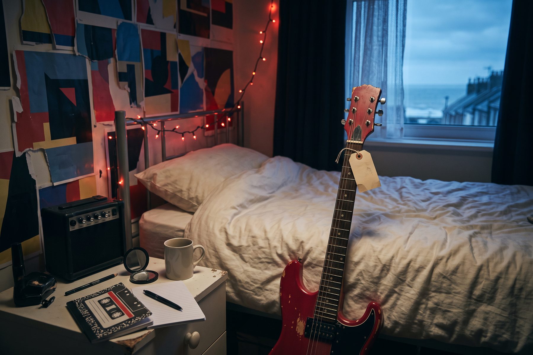 A small bedroom at dusk: a battered red second-hand electric guitar with a price tag leans against an unmade bed, next to a little practice amp and red fairy lights.