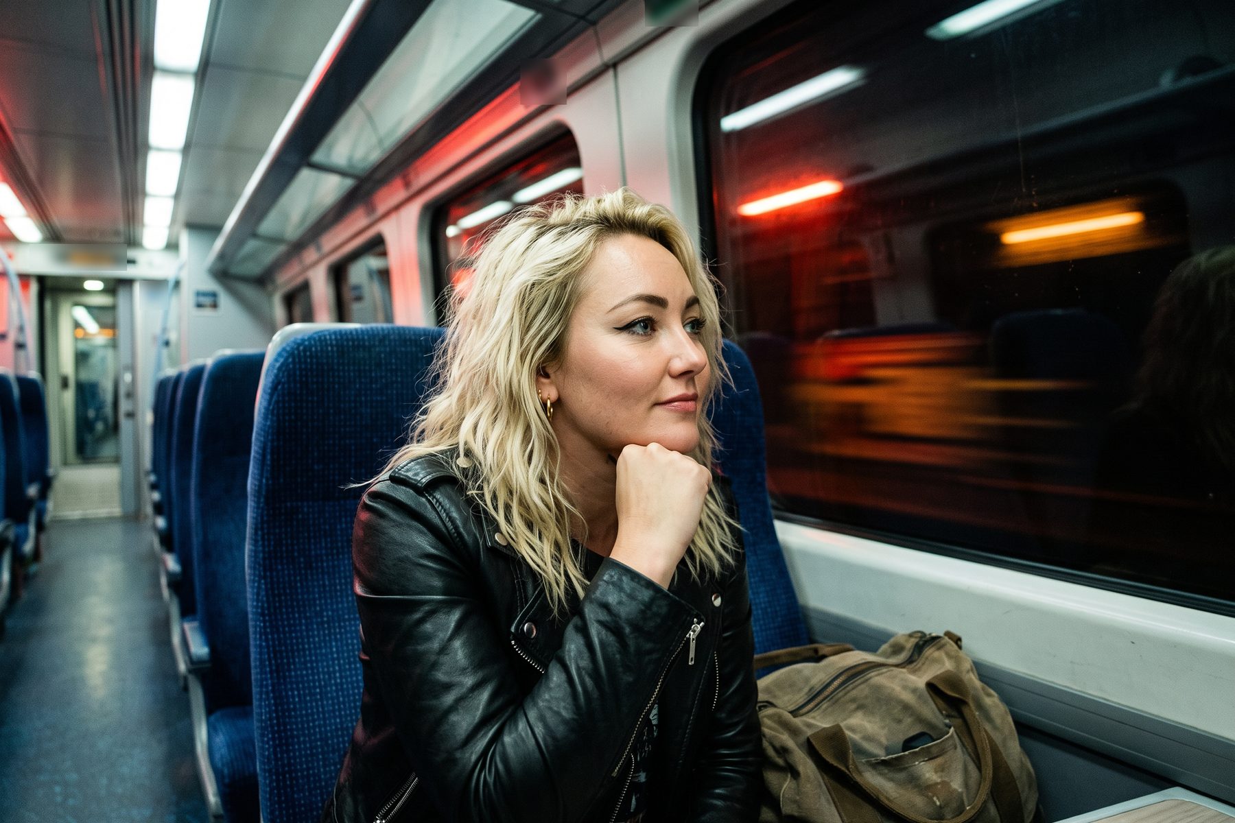Jessie Riot alone on a late-night train, chin resting on her hand, looking out of the window at passing lights, a worn holdall on the seat beside her.